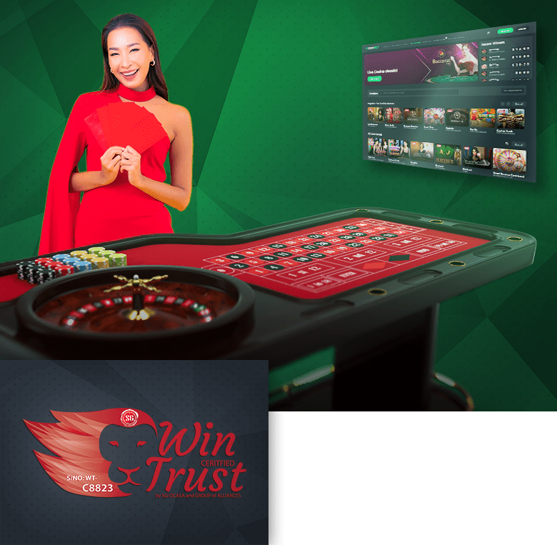 Woman in a red dress smiling and standing beside the roulette board