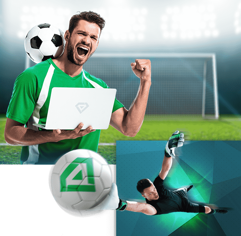 goal keeper defending the ball with GemBet logo and a man on a football field holding leptop with GemBet logo