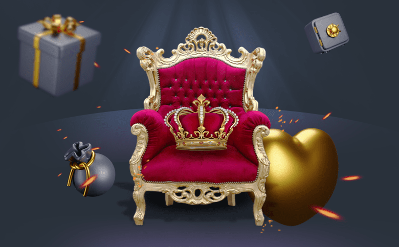 Red chair with crown surrounded by floating present, safe, bag and golden heart